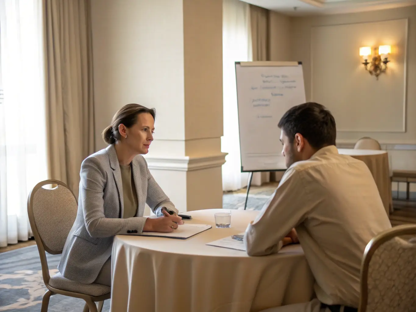 A consultant reviewing assessment data with a biotech company representative, discussing insights and strategic implications for clinical trial design.