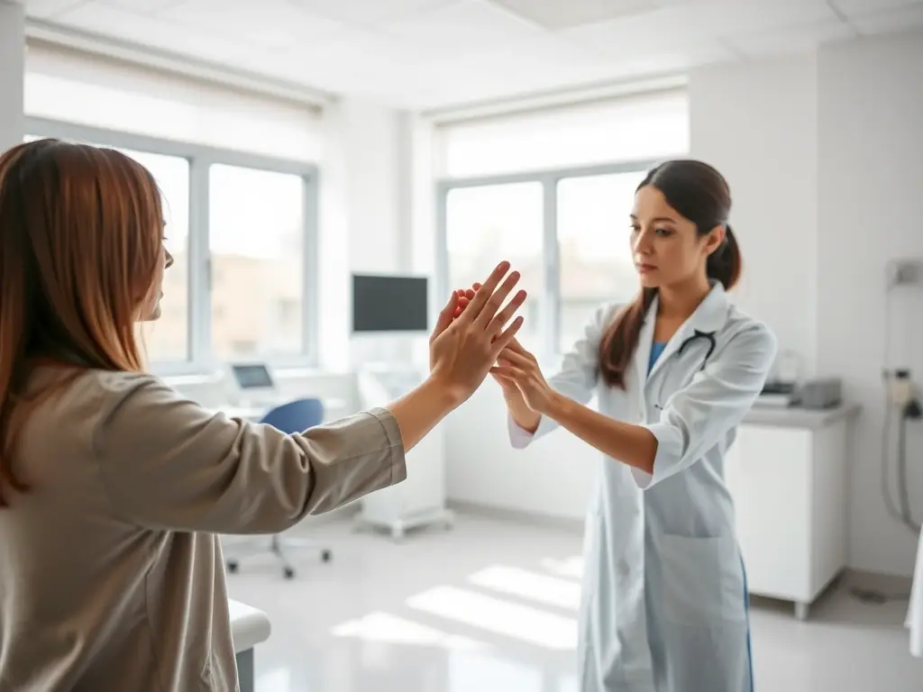 A researcher carefully administering a fine motor assessment to a clinical trial participant, focusing on hand dexterity and precision.